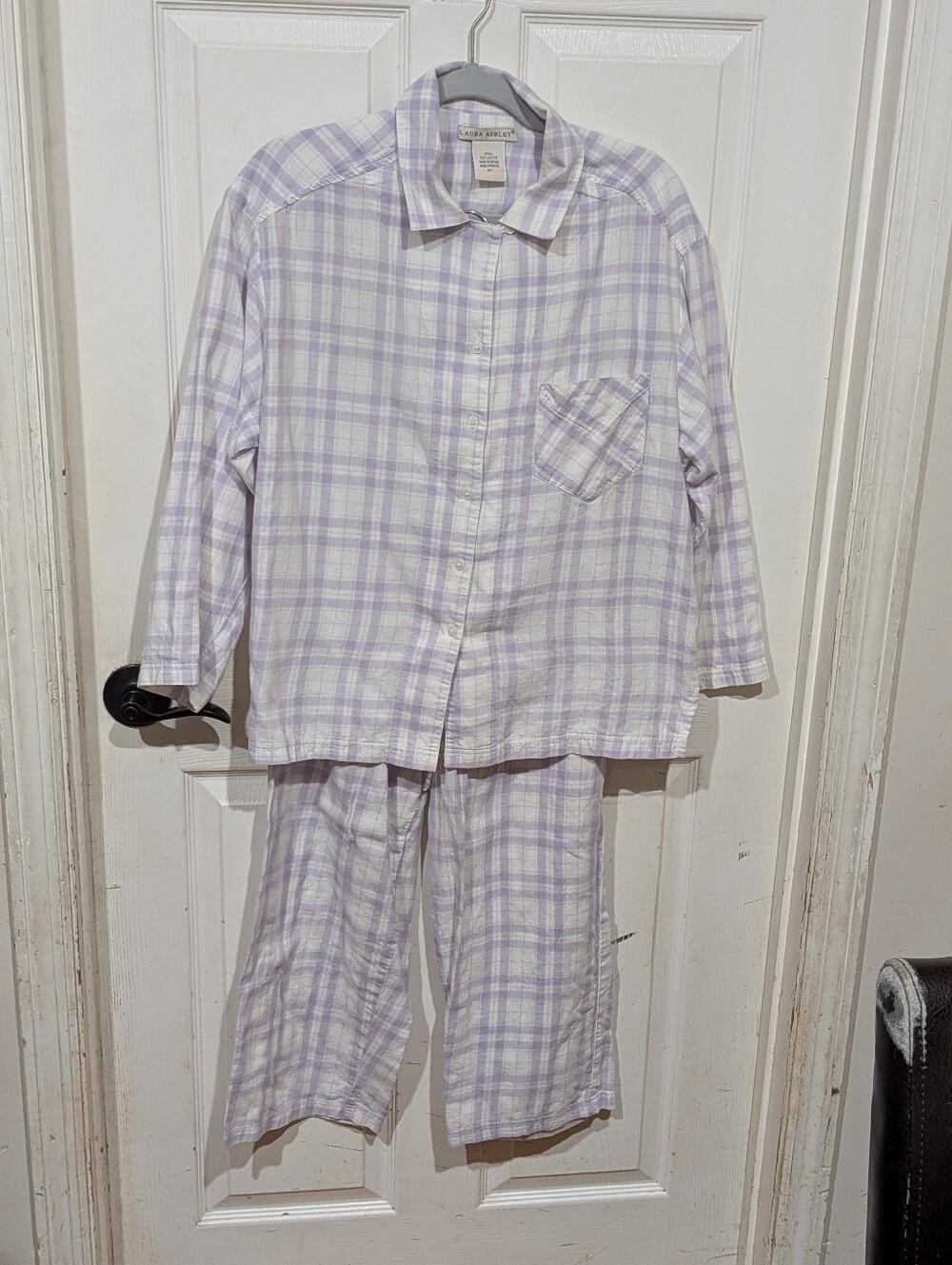 Vintage Laura Ashley Light Purple Plaid Button-Up Pajama Set Cotton Grandmacore